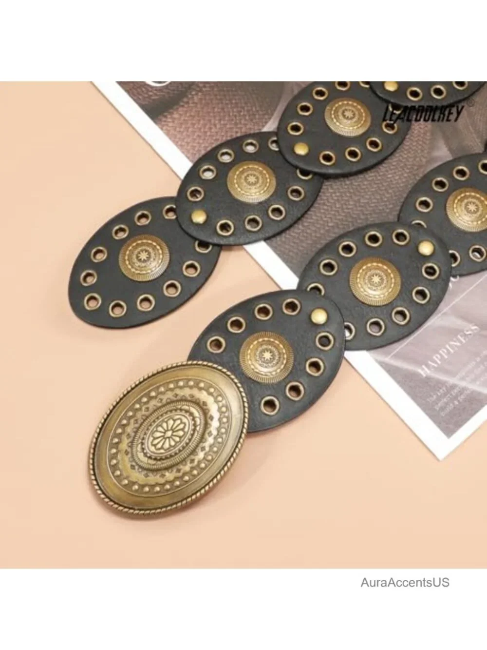 Faux Leather Hollow Western Disc Belt with Vintage Buckle